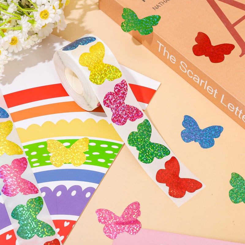 Whaline Spring Butterfly Stickers Roll Laser Butterfly Shape Seal Stickers Colorful Waterproof Self-Adhesive Decals for Envelope Journal Decor Birthday Wedding, 500 Pcs - Image 3